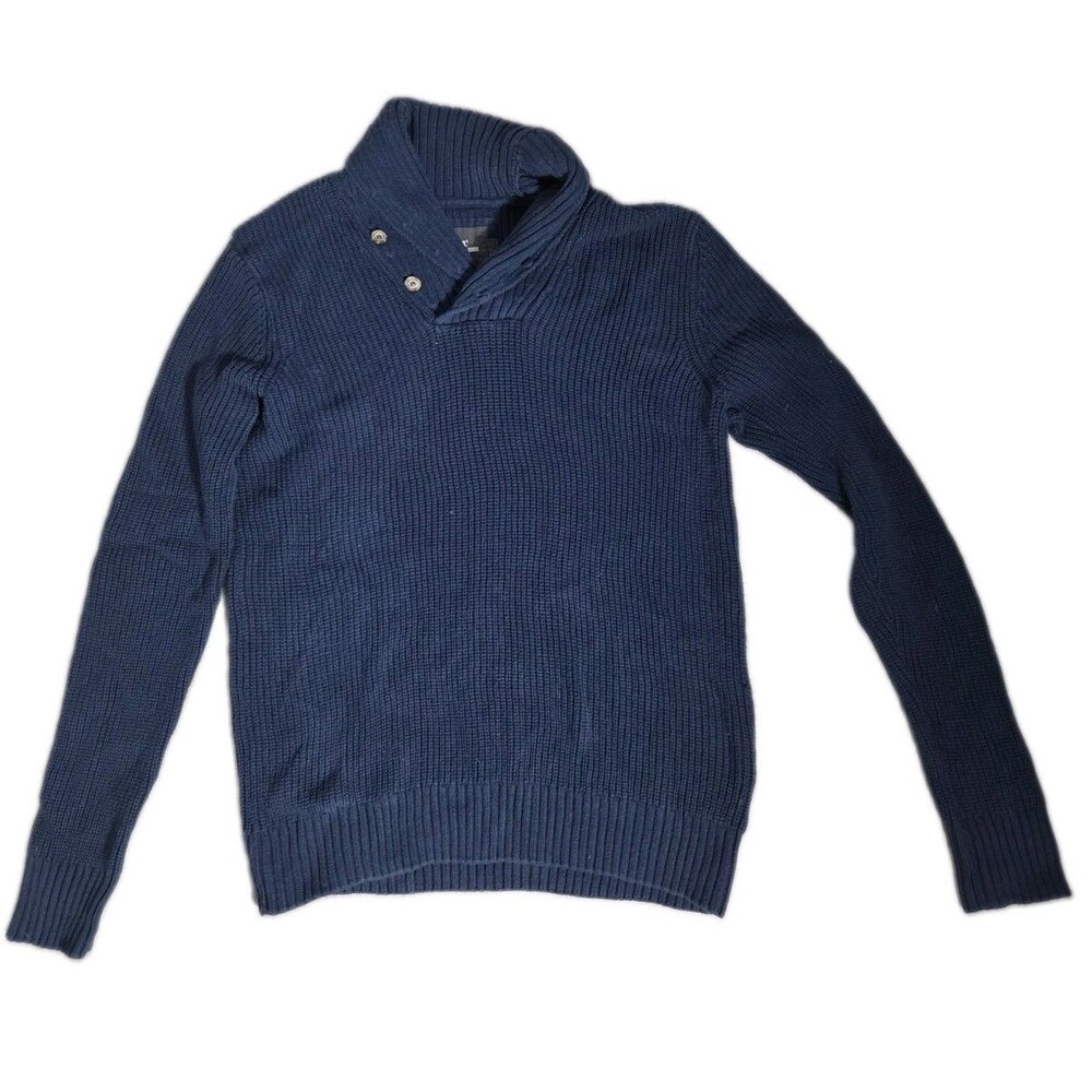 H&M L.O.G.G. Navy Blue Shawl Collar Cotton Knit Sweater Pullover Mens XL GUC
